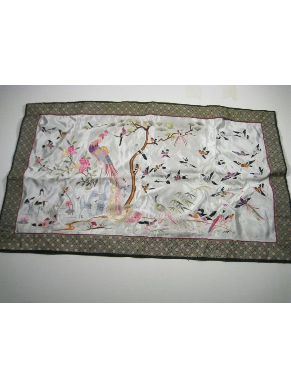 Chinese Silk Embroidered Panel Peacock Crane Birds 30 Inches Asian Home Decor